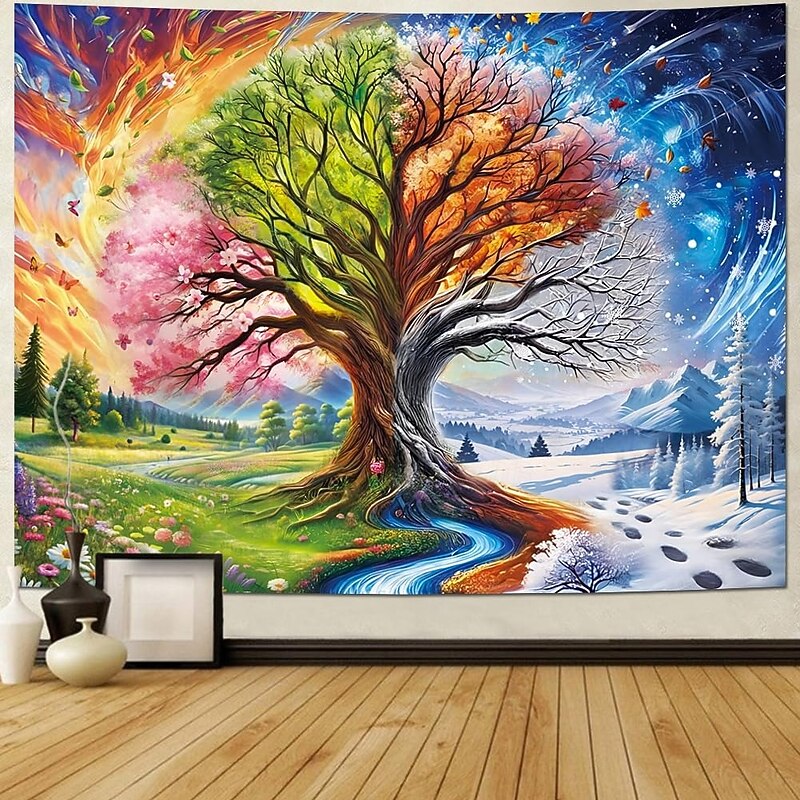 Colorful Tree of Life Tapestry Four Seasons Trees Tapestrie Spring Flower Green Summer Autumn Leaves Winter Snowflake Magical Natural Landscape Wall Hanging for Home Decor 78.7*59.1