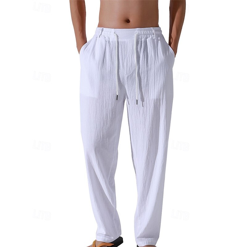 Men's Linen Pants Trousers Summer Pants Beach Pants Drawstring Pocket Elastic Waist Plain Comfort Breathable Vacation Daily Holiday Hawaiian Boho Dark Khaki Black3