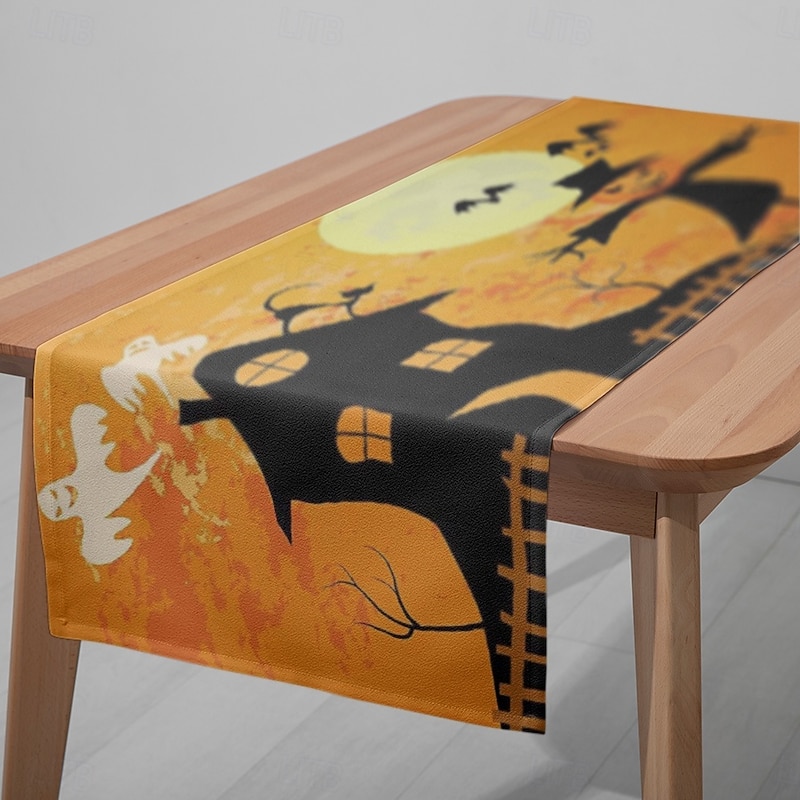 Halloween Table Runner - Digital Printed Rectangular Tablecloth, Spooky Party Decor for Restaurant Banquet Dining (33x180cm)
