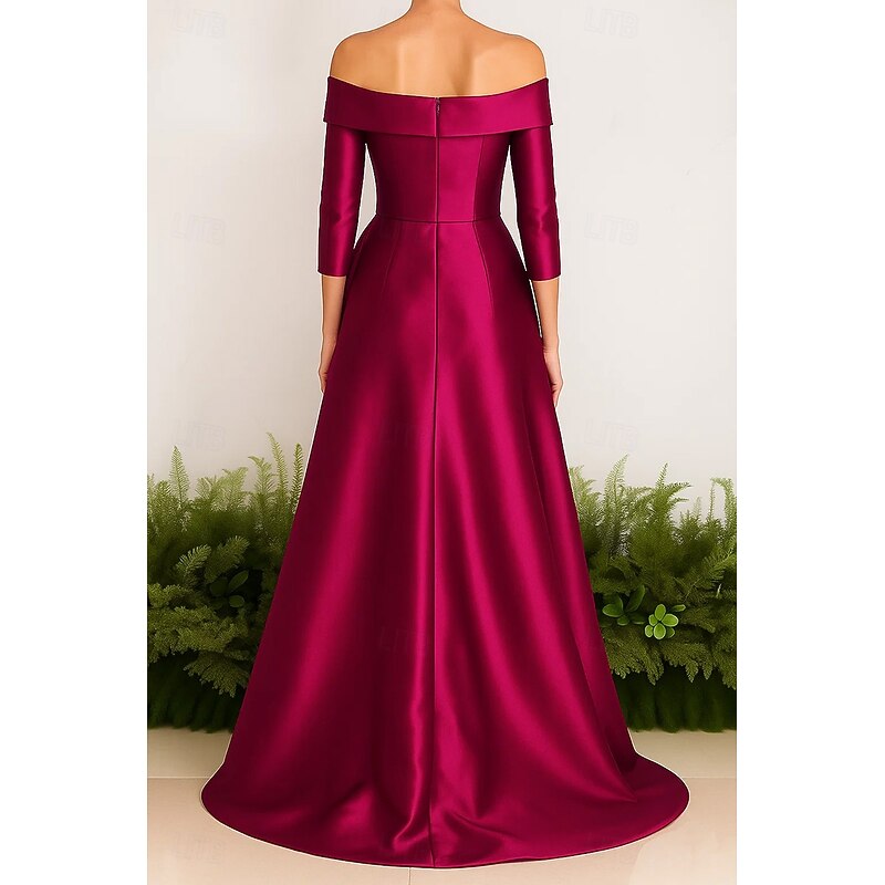 A-Line Evening Gown Stretch Satin Ruffle Dress Elegant Dress Formal Wedding Sweep / Brush Train 3/4 Sleeve Off Shoulder with Slit 20254