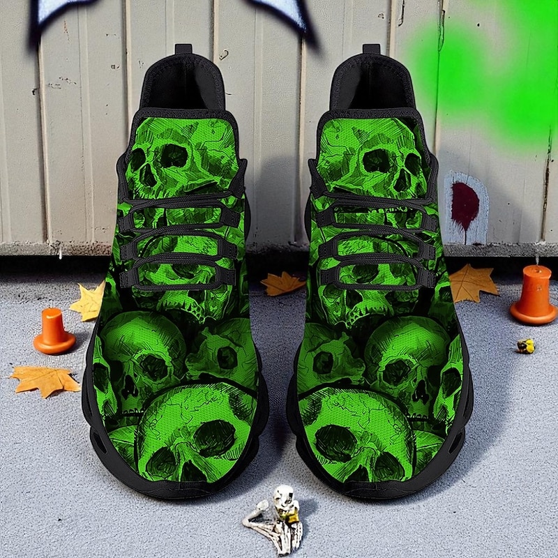 Men's Green Skull Print Lace-Up Sneakers – Gothic Halloween Style Casual Shoes for Party, Clubbing and Street Fashion3