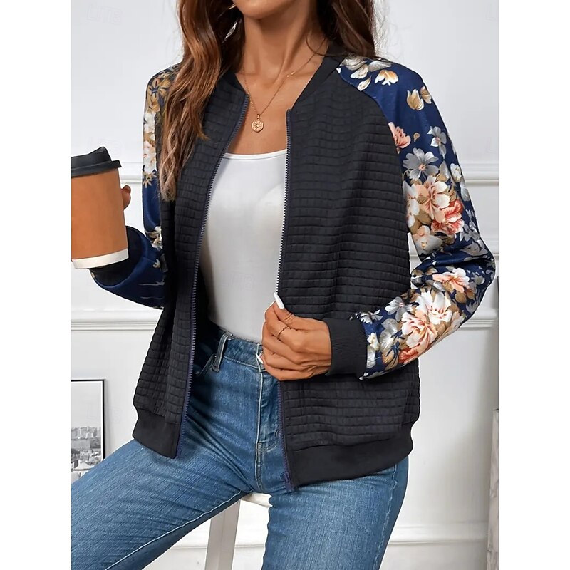 Women's Bomber Jacket Casual Jacket Comfortable Breathable Zipper Print Casual Floral Vacation Street Casual Daily Wear Zipper Short Stand Collar Regular Fit Long Sleeve Outerwear Black White Navy3