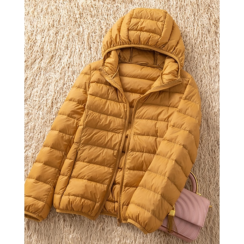 Women's Down Jacket Warm Comfortable Zipper Pocket Fashion Outdoor Plain Street Casual Daily Weekend Zipper Regular Hooded Regular Fit Long Sleeve Outerwear Black Yellow Purple Fall Winter