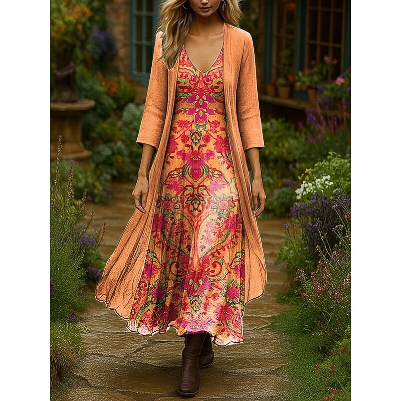 Women's Dress Set Maxi Dress A Line Dress Summer Dress Vacation Boho Ombre Floral Layered Print Maxi Dress 3/4 Length Sleeve V Neck Outdoor Daily Black Pink Orange Summer Spring Regular Fit4