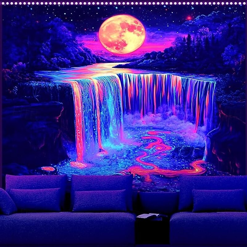 Full Moon Waterfall Blacklight Tapestry – Psychedelic Glow in the Dark Wall Hanging for Bedroom or Dorm Decor2