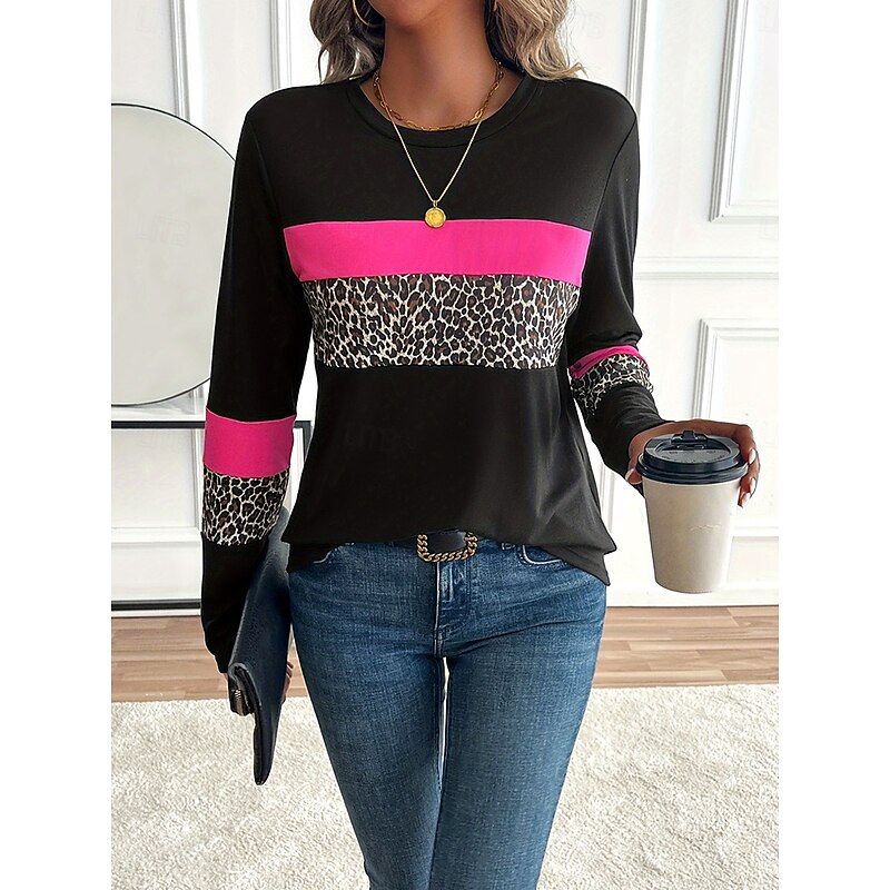 Women's T Shirt Graphic Leopard Geometric Vintage Stylish Classic Long Sleeve Crew Neck Round Neck Regular Tops Daily Print Rose Pink Spring Fall Winter3