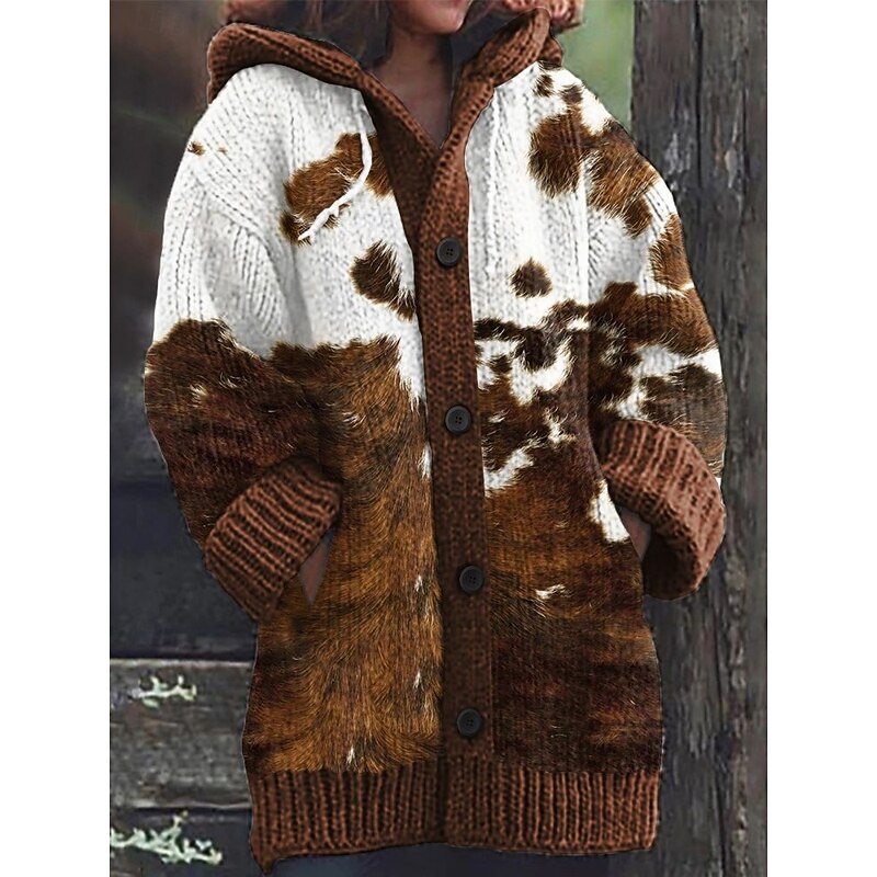 Women's Cardigan Vacation Daily Color Block Ribbed Hooded Knitted Print Front Pocket Long Sleeve Regular Tops Knit Outdoor Daily Holiday Brown Coffee Fall Winter3