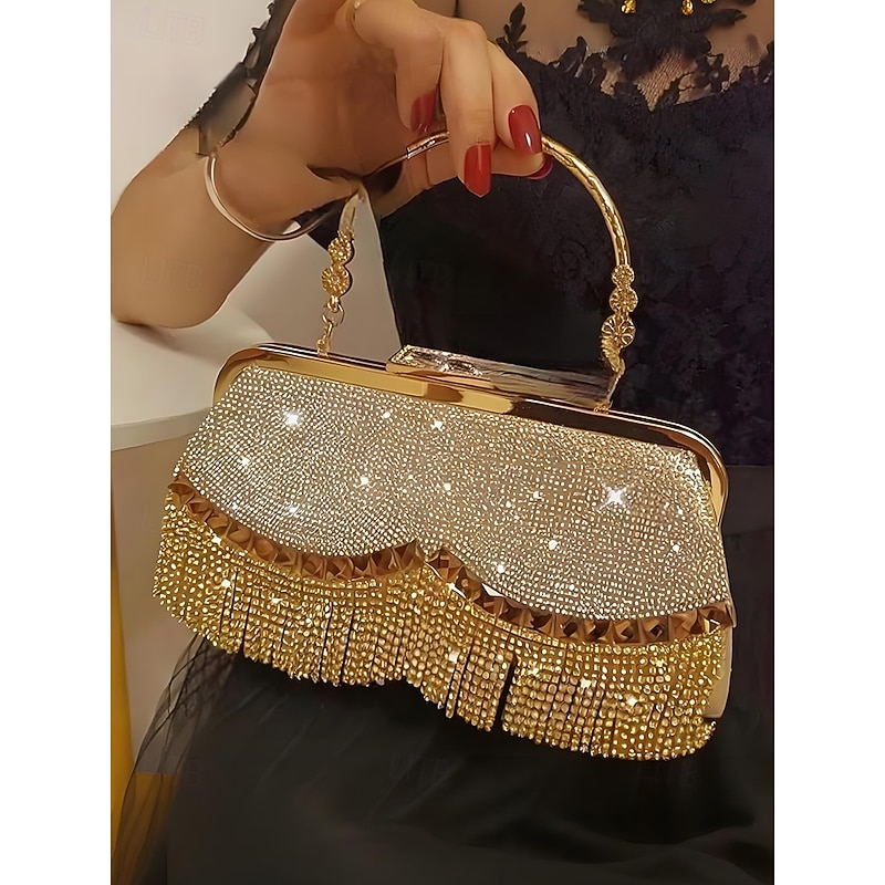 Women's Crystal Fringe Evening Clutch Bag – Luxury Rhinestone Handbag with Top Handle & Chain Strap for Weddings, Banquets and Formal Parties