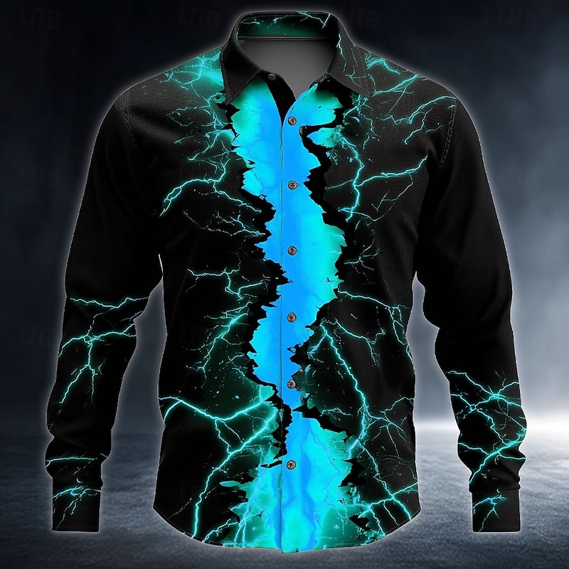 Halloween Men's Optical Illusion Lightning Neon Glow Shirt Button Up Shirt Long Sleeve Dark Punk Gothic Style Outdoor Holiday Summer Spring Turndown 3D Print Collared Shirts Red Blue Purple Orange4
