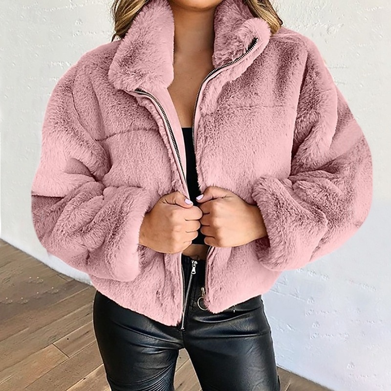 Women's Winter Coat Teddy Coat Faux Fur Coat Warm Comfortable Zipper Outdoor Casual Plain Street Holiday Going out Weekend Zipper Short Turndown Regular Fit Long Sleeve Outerwear Black Pink Blue Fall