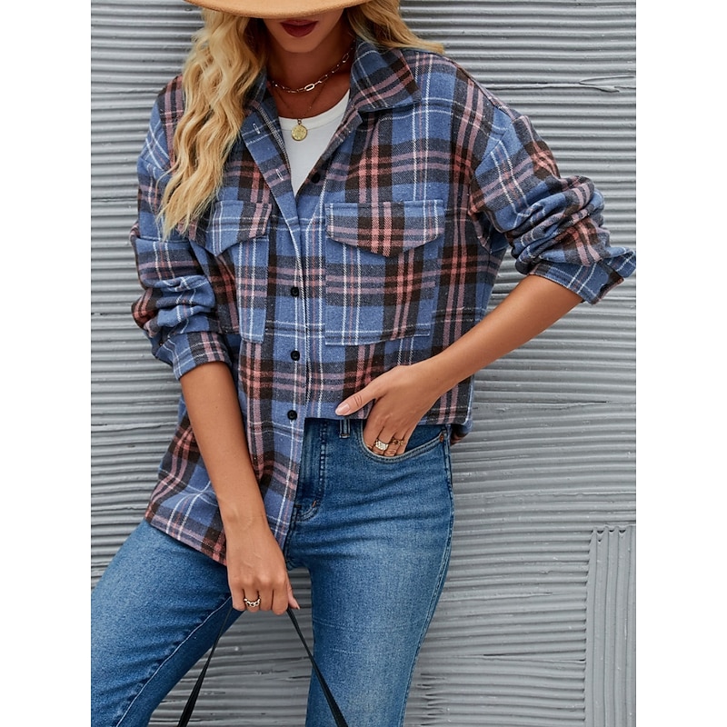 Women's Shirt Jacket Casual Jacket Comfortable Breathable Pocket Buttons Print Fashion Casual Plaid Vacation Street Casual Daily Wear Single Breasted Regular Stand Collar Regular Fit Long Sleeve4