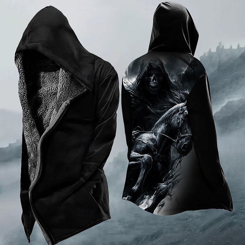 Men's Animal Horse Winter Coat Fleece Jacket Coat Thermal Warm Comfortable Casual Street Daily Wear Zipper Pocket 3D Print Fall Winter Hooded Long Sleeve Black2