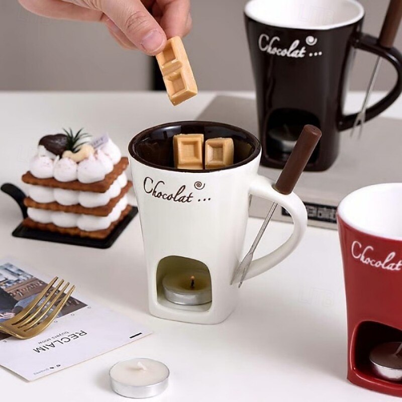 Chocolate Fondue Mug Ceramic Melting Pot With Forks Creative Mini Fondue Set For Cheese Chocolate Ice Cream Candle Heating Stove Dessert Serving Party Kitchen Tableware Gift2