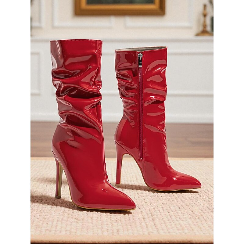 Women's Red Patent Faux Leather Slouchy Stiletto Ankle Boots with Zipper Closure - Stylish Heeled Footwear for Daily Fashion,Nightclubs and Disco Looks4