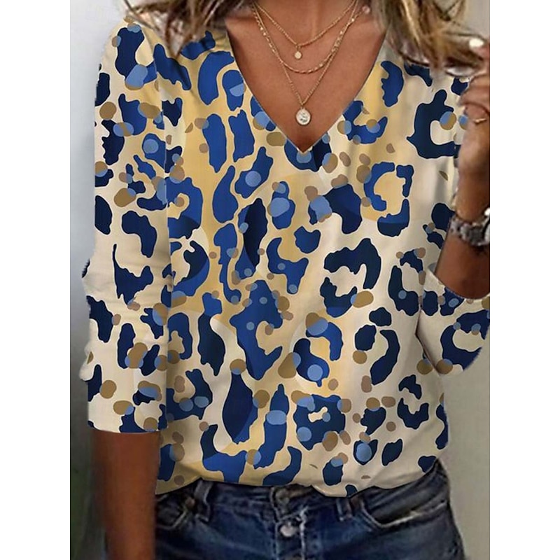 Women's Tunic T Shirt Graphic Leopard Color Block Vintage Stylish Casual Long Sleeve V Neck Regular Tops Daily Sports Weekend Print Blue Khaki Fall2