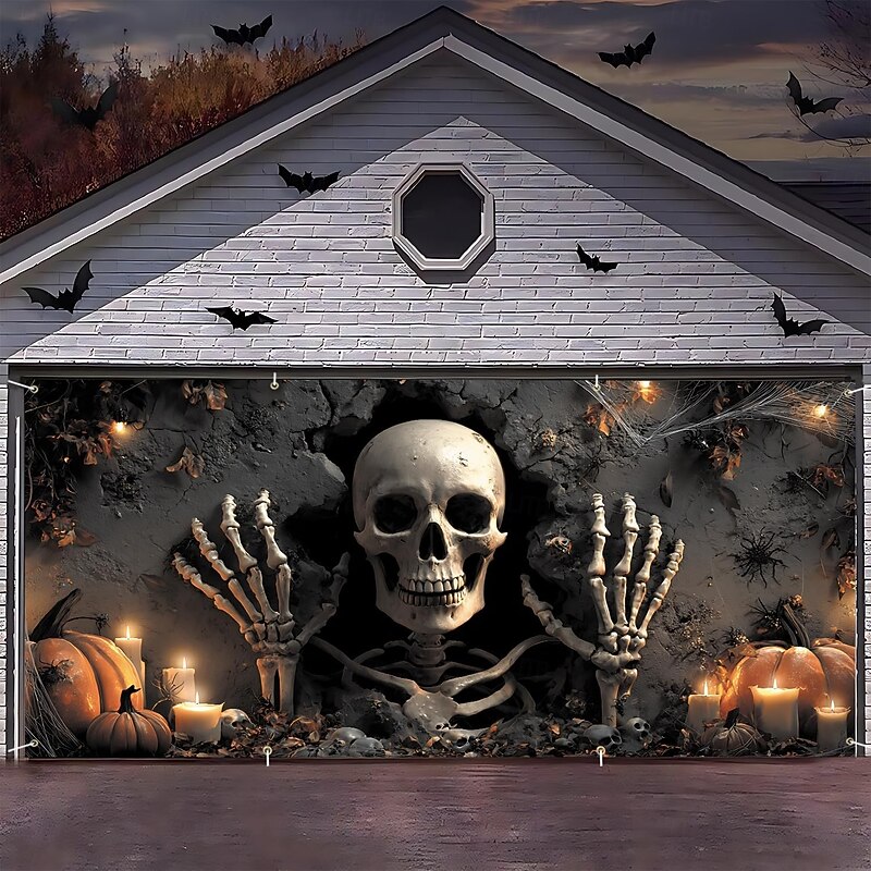 Halloween Garage Door Cover Large Hanging Backdrop Skeleton Grim Reaper Dark Punk Gothic Style Party Outdoor Shooting Backgrounds Yard Haunted House Home Decor