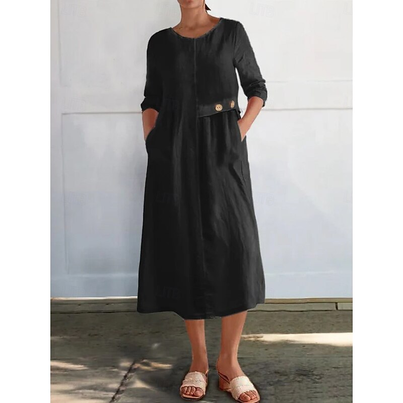 Women's Midi Dress Casual Dress Cotton Linen Dress Basic Modern Daily Weekend Regular Fit Plain 3/4 Length Sleeve Crew Neck Black White Yellow Red Summer Spring Fall3
