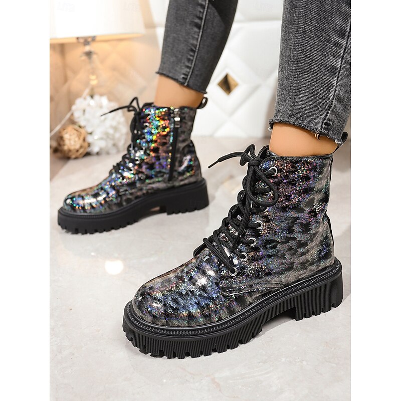 Women's Glitter Combat Boots – Shiny Patent Leather Lace-Up Chunky Ankle Boots with Lug Sole for Streetwear, Parties & Fall Fashion2