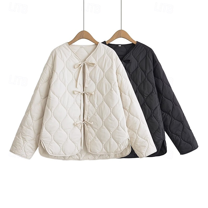 Women's Winter Jacket Coat Warm Comfortable Tie Front Fashion Modern Casual Plain Going out Weekend Cardigan Regular V Neck Regular Fit Long Sleeve Outerwear Black Beige Winter