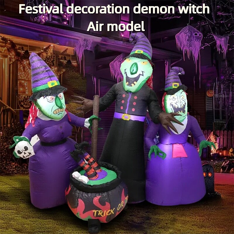 1 Pc 1.9M/6.23FT Halloween Three Witch Soup Making LED Light Inflatable Air Model Indoor and Outdoor Courtyard Garden Lawn Party Christmas Horror and Weird Atmosphere Decorative Light US/EU/UK/AU Plug2