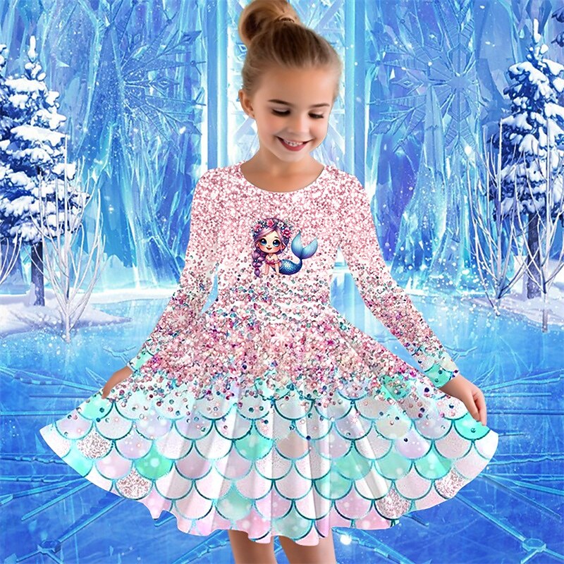 Girls' 3D Cartoon Mermaid Dress Long Sleeve Summer Spring Vacation Daily Holiday Princess Beautiful Sweet Kids 4-12 Years Casual Dress A Line Dress Knee-length Regular Fit