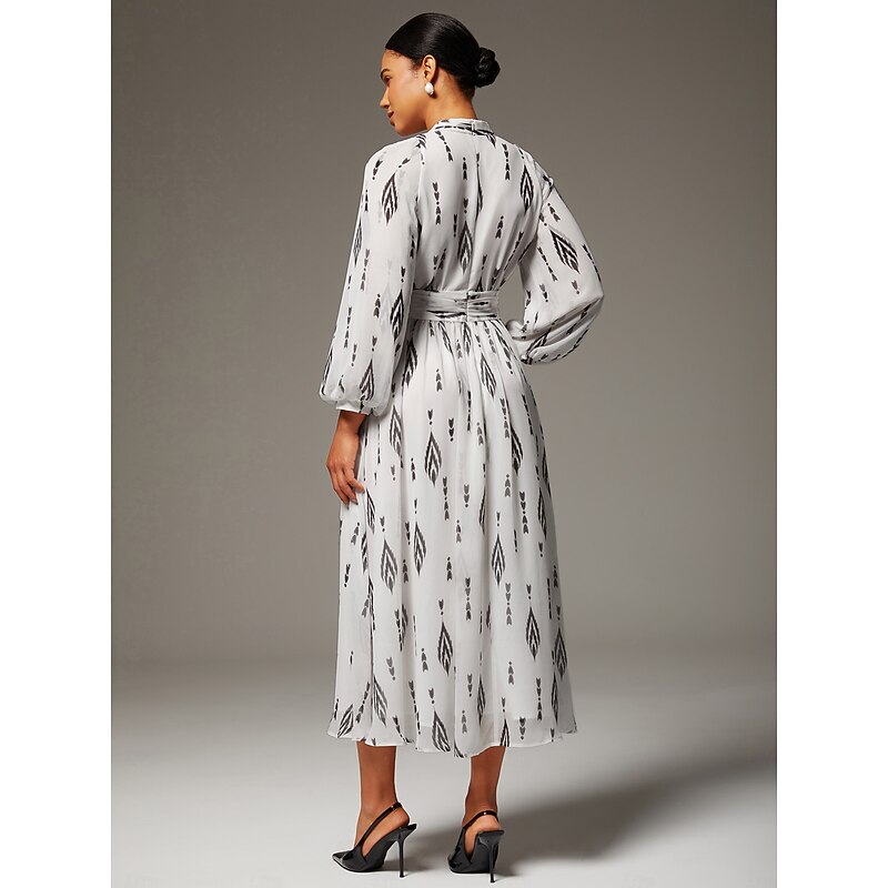 Women's Black and White Print Chiffon Maxi Dress Elegant Poised Waist Cinching Slim Fit Party Work Daily Fall2