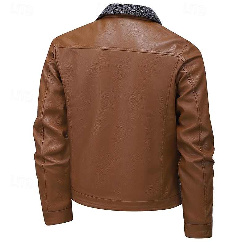 Men's Faux Leather Jacket Fleece Jacket Casual Jacket Outdoor Vacation Warm Zipper Pocket Fall Winter Plain Fashion Streetwear Standing Collar Regular Black Yellow Brown Jacket2