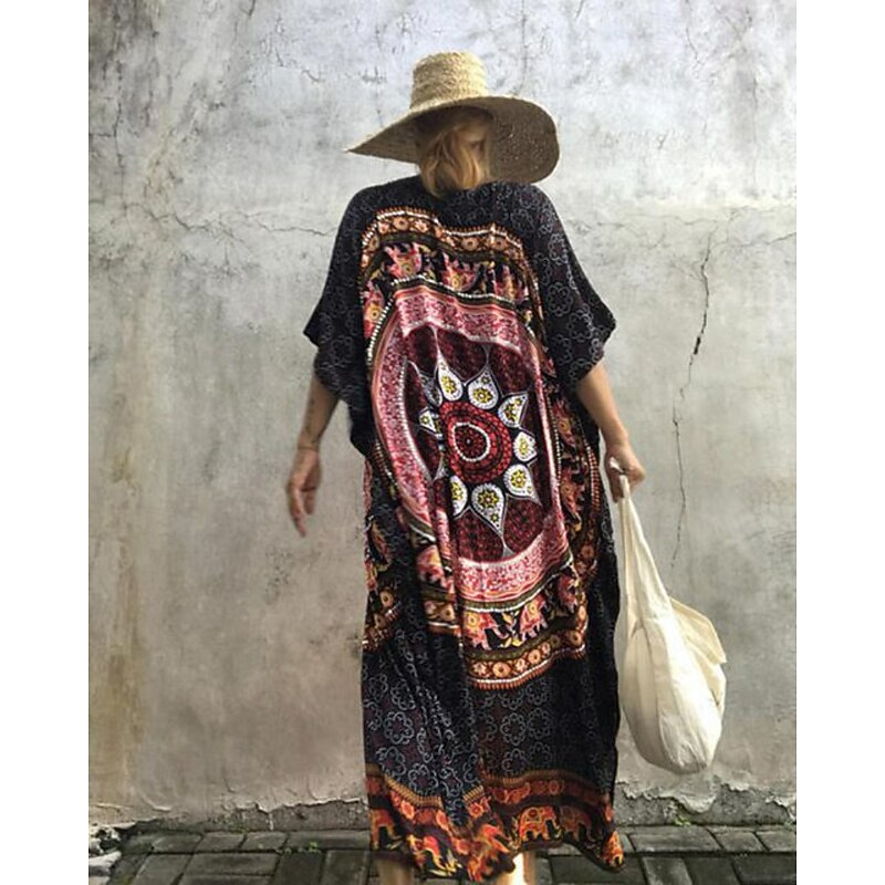 Women's Midi Dress Floral Dress Print Dress Fashion Modern Outdoor Vacation Holiday Regular Fit Flower Short Sleeve V Neck Black Blue Fall4