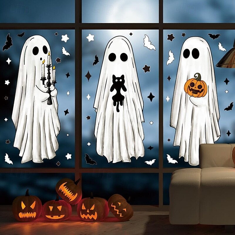 6 Sheet Halloween Ghost Window Clings, Static Glass Stickers with White Ghosts, Bats, Pumpkins, Removable Window Decals for Home, Party, Bathroom Decoration4