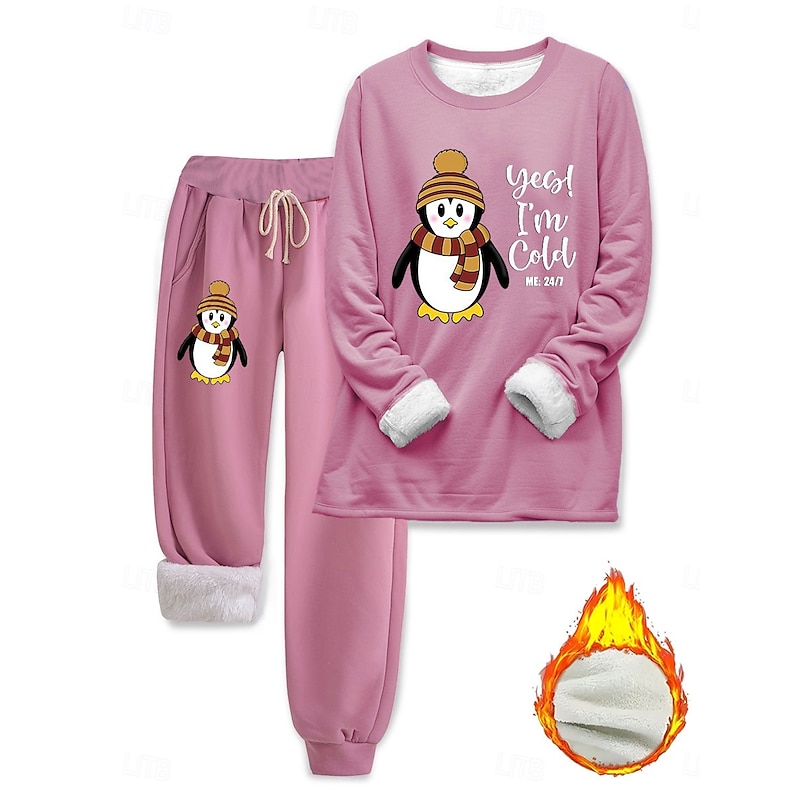 Women's Elegant Warm Fashion Two Piece Sets Tracksuit Pants Sets Long Sleeve Bishop Sleeve Crew Neck Graphic Animal Letter Print Outdoor Vacation Daily Black Pink Dark Pink Spring Regular Fit