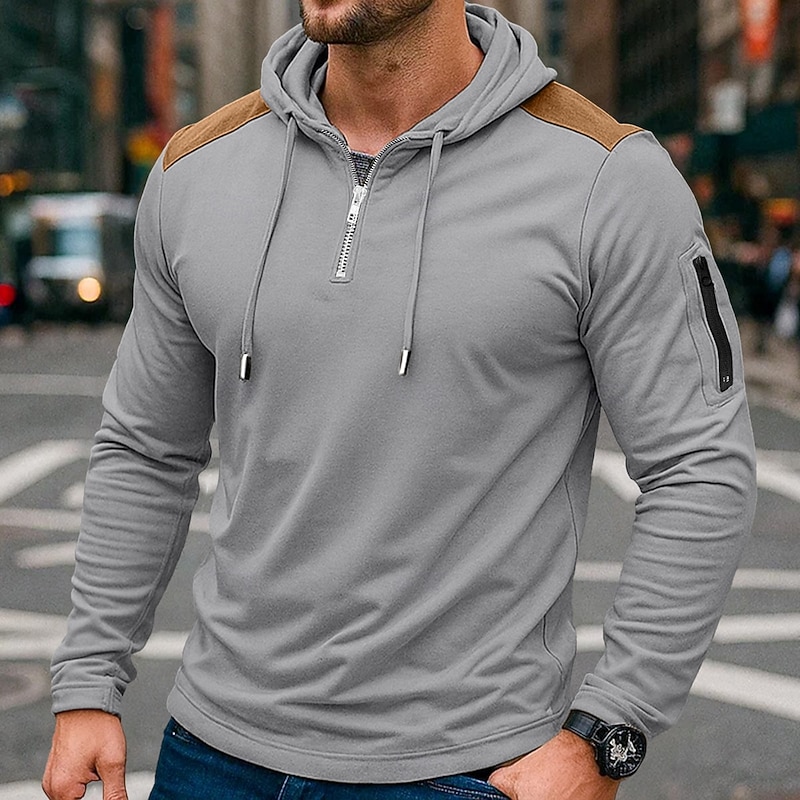 Men's Quarter Zip Tee Tee Top Long Sleeve Shirt Long Sleeve Hooded Summer Fall Patchwork Daily Casual Street Style Zipper Outdoor Street Causal Black Navy Blue khaki Top Tee for Men3