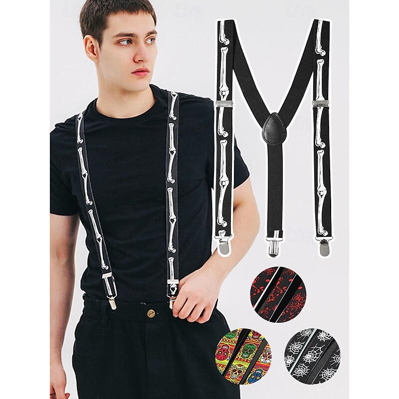 Men's Halloween Skeleton Bone Suspenders — Black Adjustable Elastic Y-Back Braces with Heavy-Duty Metal Clips, Gothic Style for Adults, Costume Parties, Cosplay & Themed Events