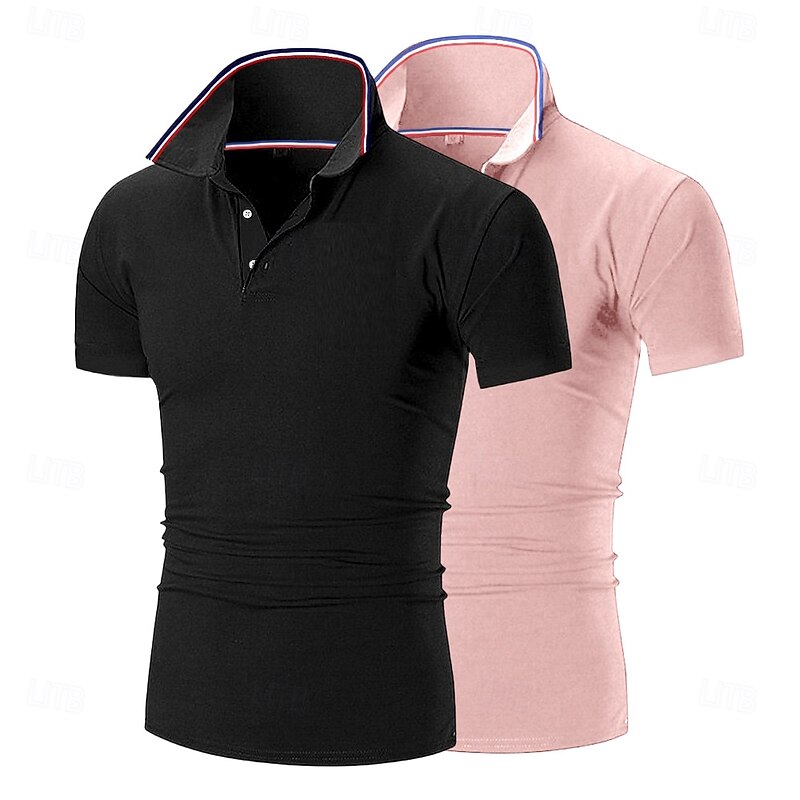 2 Piece Men's Golf Shirt Pique Polo Shirt Business Casual Ribbed Polo Collar Short Sleeve Fashion Basic Solid Color 2 Pcs Buttons Summer Spring & Fall All Seasons Golf Shirt4