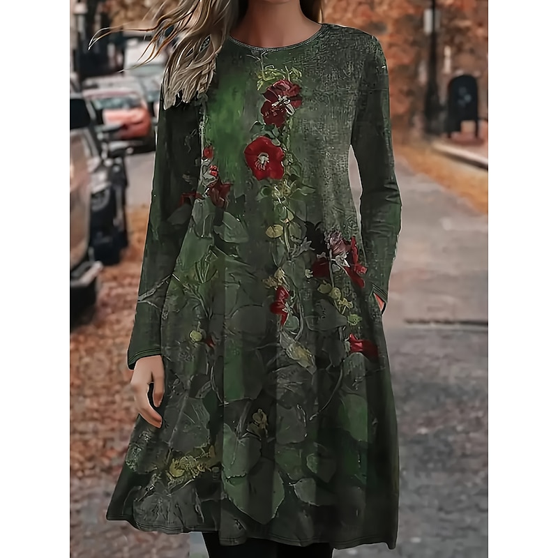 Women's Midi Dress Casual Dress T Shirt Dress Tee Dress A Line Dress Vacation Casual Date Regular Fit Floral Graphic Long Sleeve Crew Neck Green Spring Fall Winter