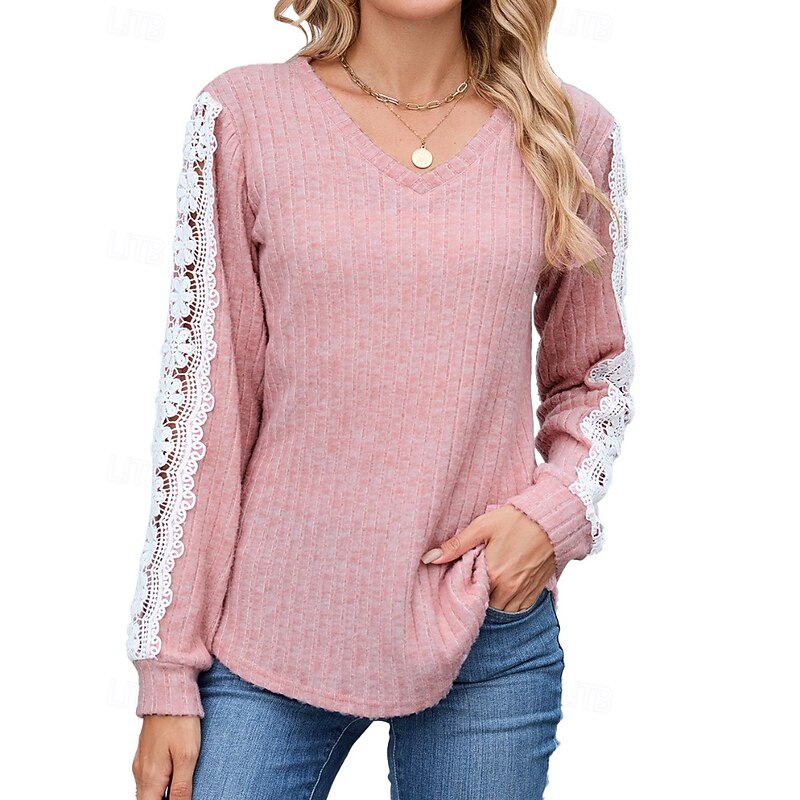 Women's Texture Sweatshirt T Shirt Color Block Casual Long Sleeve V Neck Regular Tops Daily Going out Weekend Lace Patchwork Black Pink Army Green Blue Fuchsia Fall