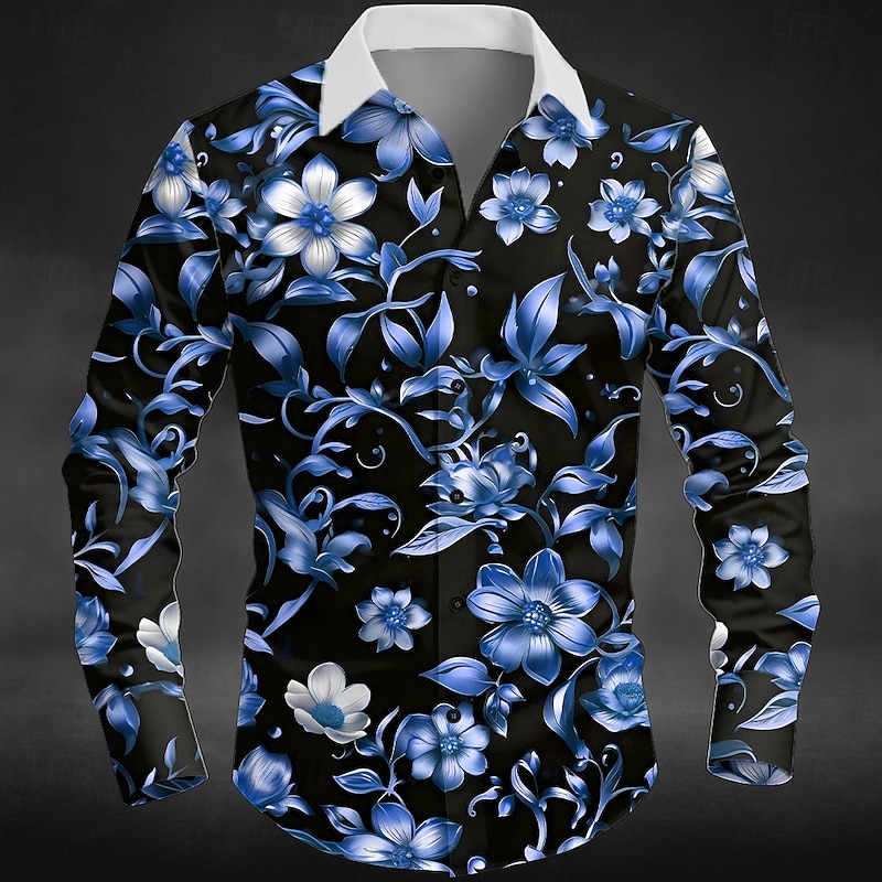 Men's Floral Print Flowers Shirt Button Up Shirt Long Sleeve Vintage Retro Outdoor Casual Holiday Spring Fall Turndown 3D Print Collared Shirts Pink Blue Gold2