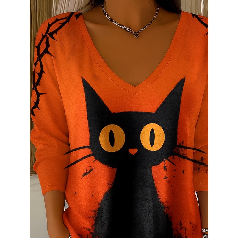 Halloween Women's Blouse Cat Vintage Stylish Classic Long Sleeve V Neck Regular Tops Daily Print Orange Fall Winter2