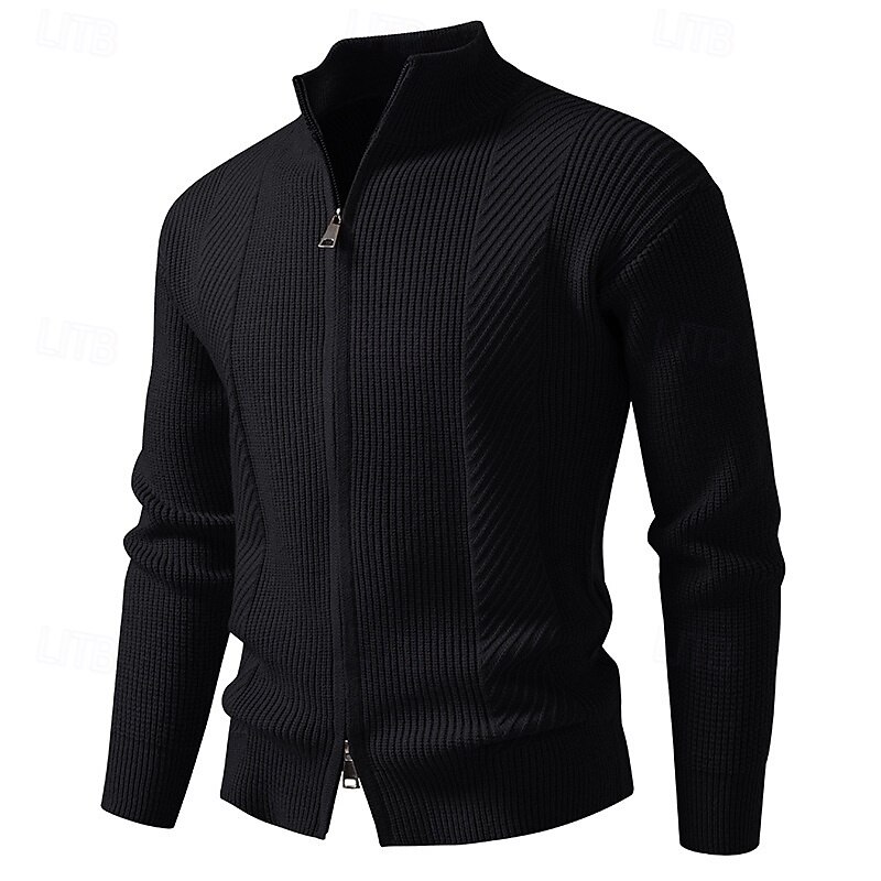Men's Sweater Cardigan Sweater Ribbed Knit Short Knitted Solid Color High Neck Vacation Fashion Casual Daily Wear Clothing Apparel Spring &  Fall Black Red M L XL4