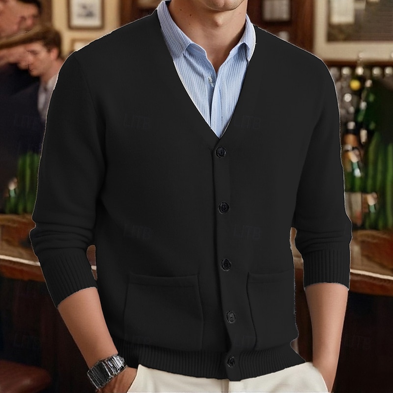 Men's Cardigan Sweater Cropped  Sweater Knit Sweater Ribbed Knit Regular Tops Pocket Plain V Neck Fashion Classic Vacation Daily Wear Clothing Apparel Fall Winter Wine Red Black M L XL3