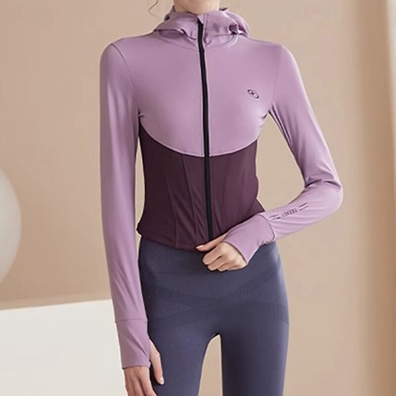 Women's Workout Jacket Quick Dry with Thumbholes Long Sleeve Sports Color Block Top For Gym Zumba Running Slim Activewear2