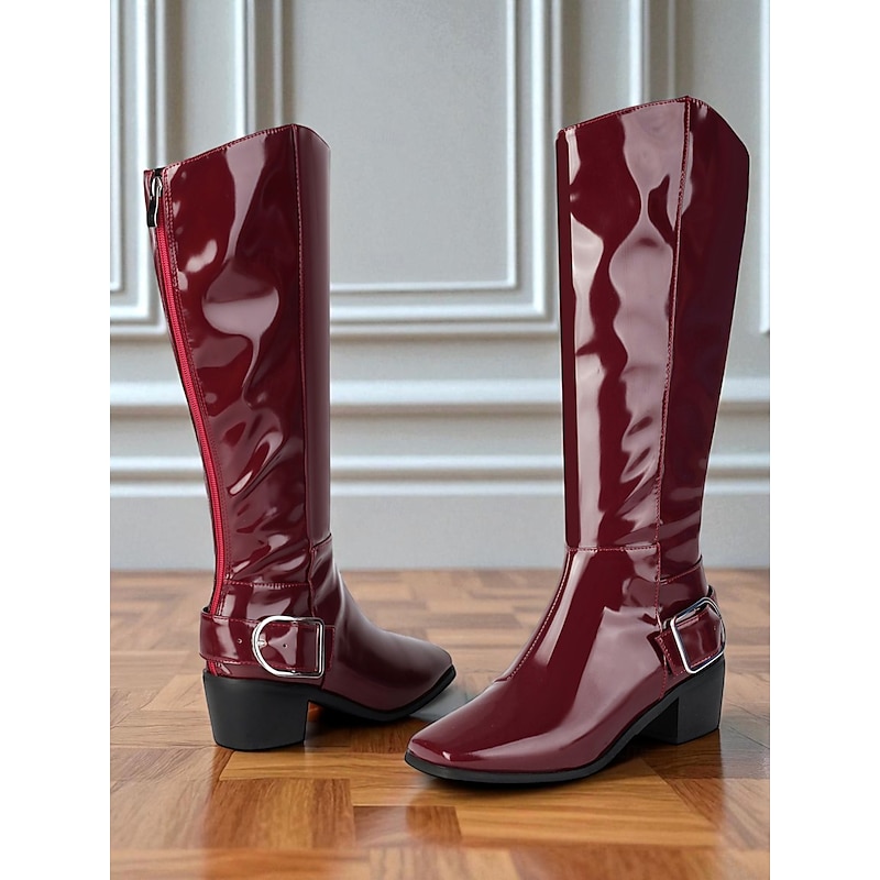 Women's Burgundy Patent Faux Leather Knee-High Boots – Mod Retro Style with Square Toe and Statement Buckle, Ideal for Autumn Outfits, Vintage-Themed Looks and Fashion Events4