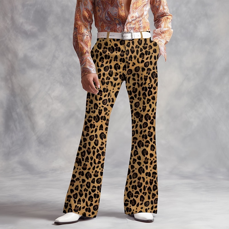 Men's Leopard Print Disco Pants 60s 70s Bell Bottoms Mid Waist Vintage Retro Outdoor Vacation Party Side Pockets Flared Leg Pants Trousers Spring Fall 3D Print Dark Khaki Light Khaki khaki2