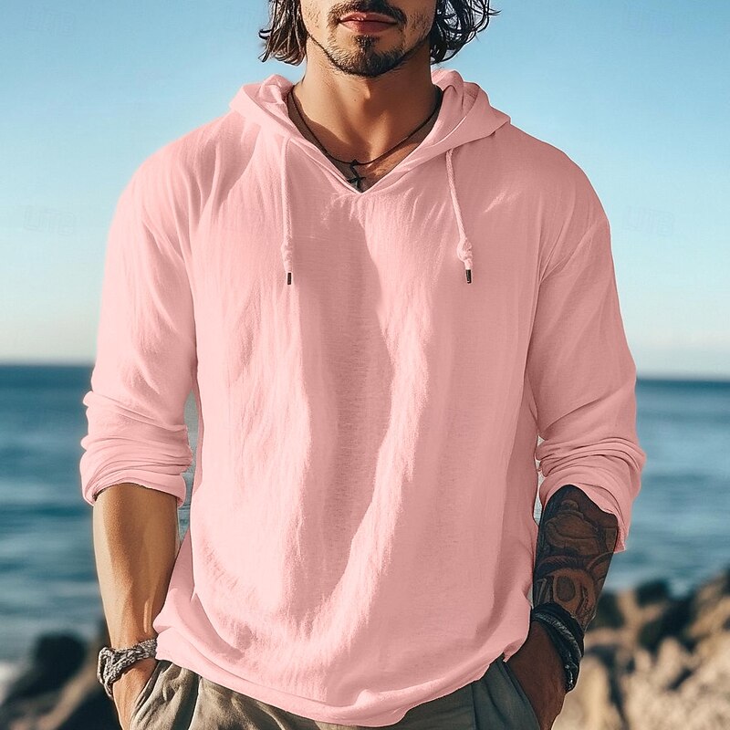 Men's Cotton Linen T Shirt Long Sleeve Hooded Summer Spring Fall Plain Basic Modern Casual Drawstring Basic Hooded Home Street Casual Pink White Blue Top Tee for Men4