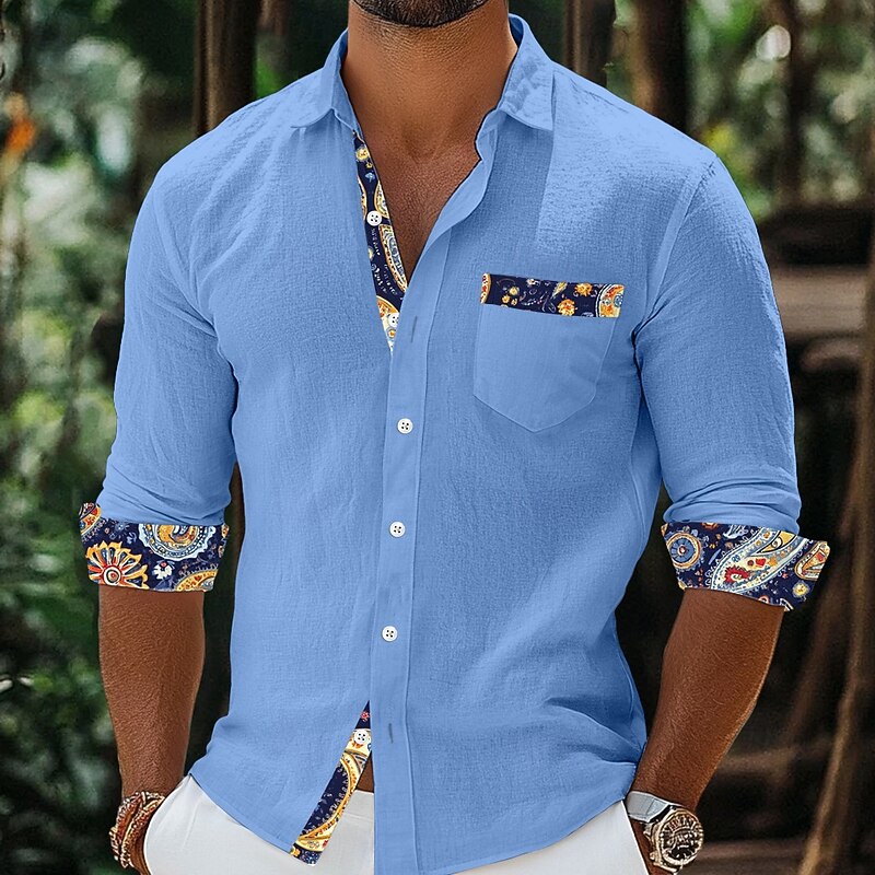 Men's Shirt Linen Shirt Summer Shirt Beach Wear Paisley Vacation Casual Yellow Pink Navy Blue Blue Short Sleeve Lapel Summer Spring & Summer Clothing Apparel Color Block