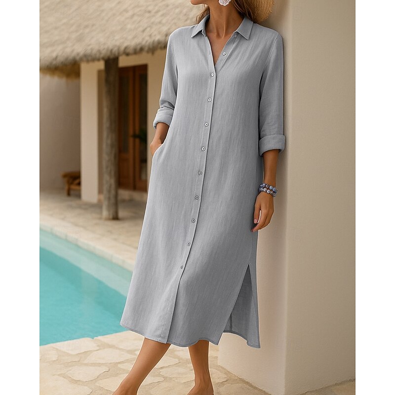 Women's Midi Dress Shirt Dress Casual Dress Classic Modern Outdoor Vacation Holiday Regular Fit Plain Long Sleeve Shirt Collar Yellow Purple Lilac Light Grey Fall4