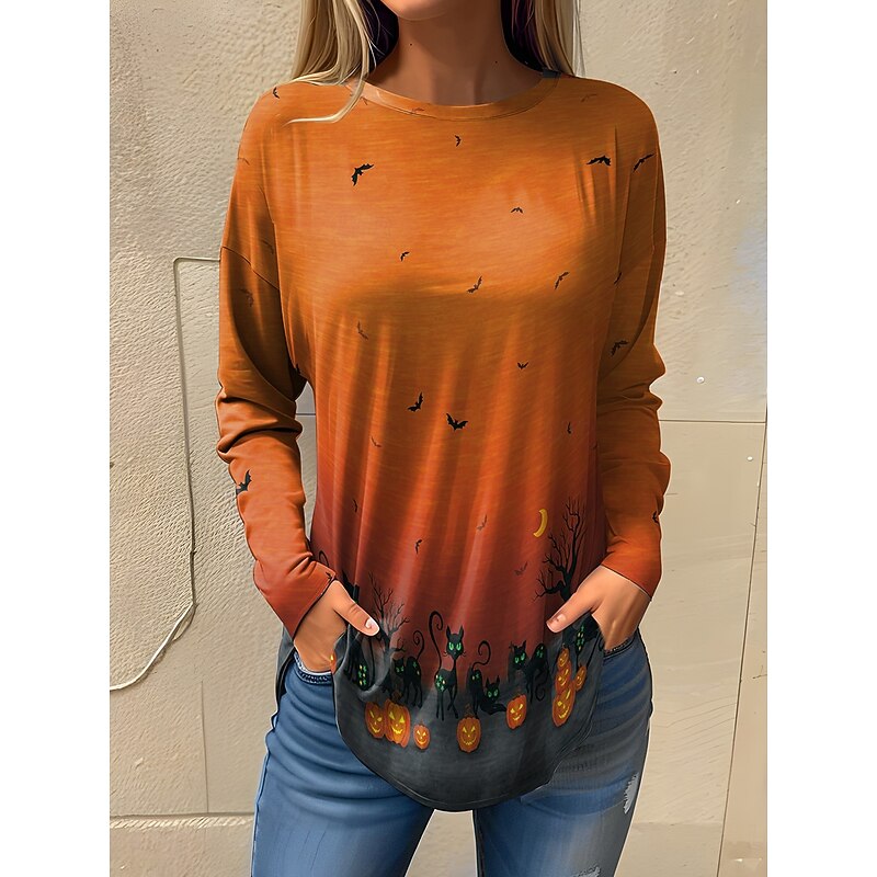 Halloween Women's T shirt Ghost Long Sleeve Vintage Fashion Stylish Long Sleeve Crew Neck Round Neck Long Tops Daily Going out Weekend Print Maroon Black Yellow Blue Orange Spring Fall Prefall3