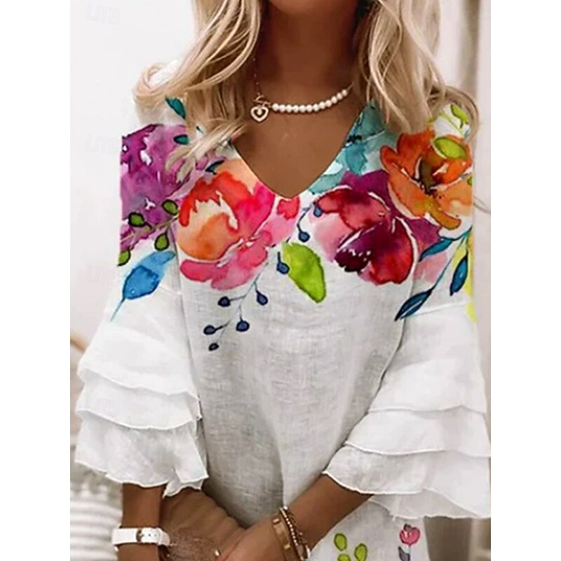 Women's Mini Dress Sundress Shift Dress A Line Dress Vacation Casual Boho Party Regular Fit Ombre Floral Graphic 3/4 Length Sleeve V Neck White Spring Fall2
