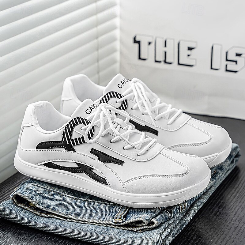 Men's White Fashion Sneakers with Contrast Black Detailing – Modern Casual Lace-Up Sport Shoes for Walking, Shopping and Everyday Wear2