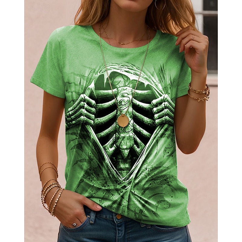 Halloween Women's T Shirt Skulls Graphic Skeleton Vintage Stylish Casual Short Sleeve Crew Neck Regular Tops Daily Going out Weekend Print Pink Green Khaki Gray Summer4