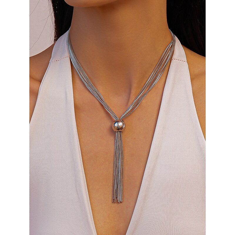 Women's Gold Tassel Pendant Necklace - Multi-Strand Chain Choker with Polished Bead Accent for Evening Wear and Party Outfits2